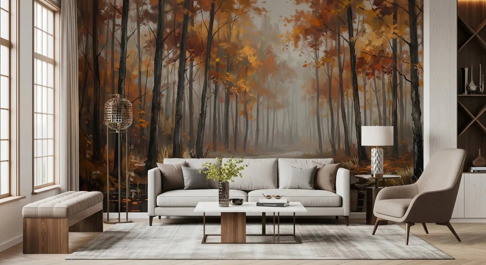 Misty Autumn Reflections wall mural featuring trees and water mirror