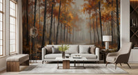 Misty Autumn Reflections wall mural featuring trees and water mirror