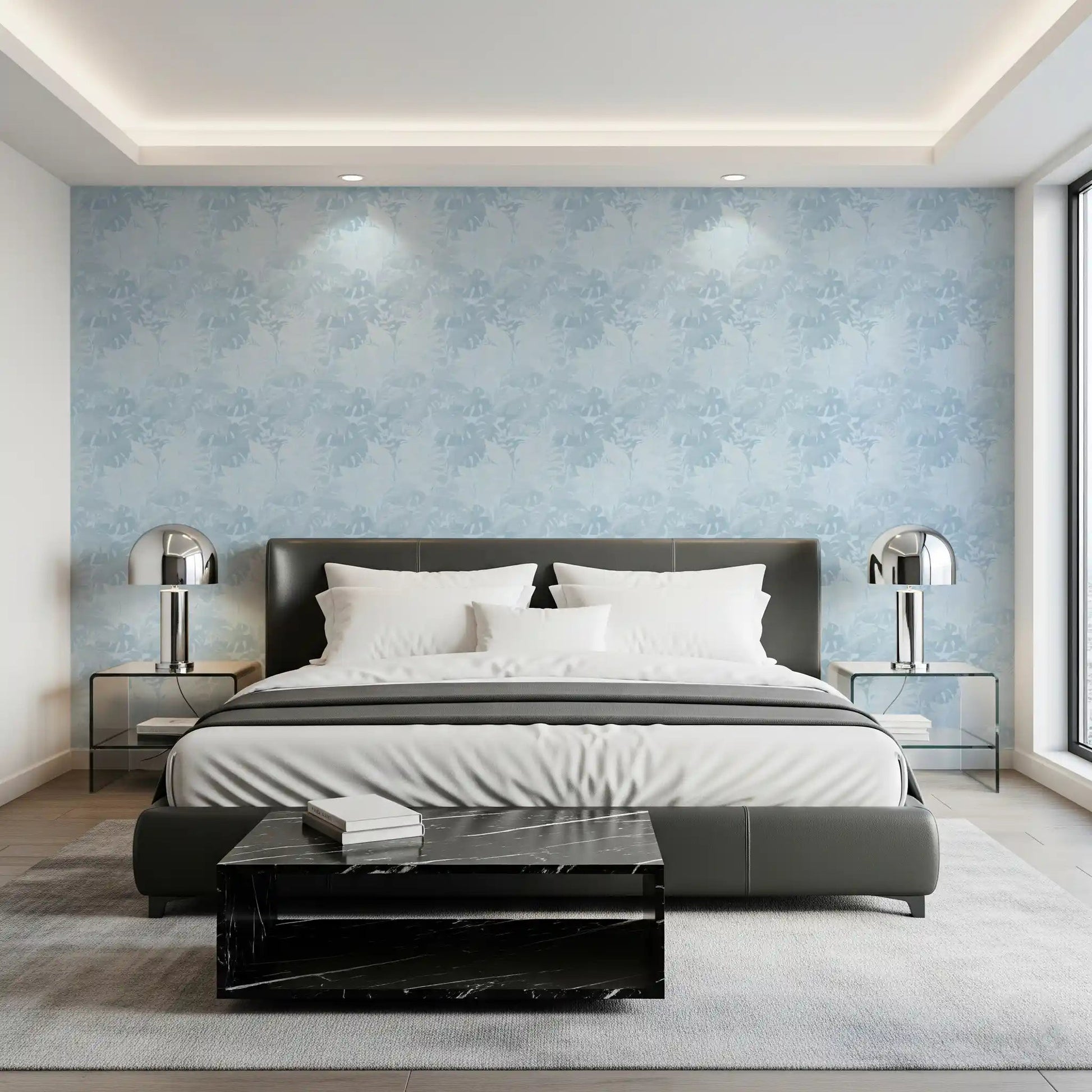 Misty Blue Leaf Layers Monstera Wallpaper behind a soft bedroom, GD8943