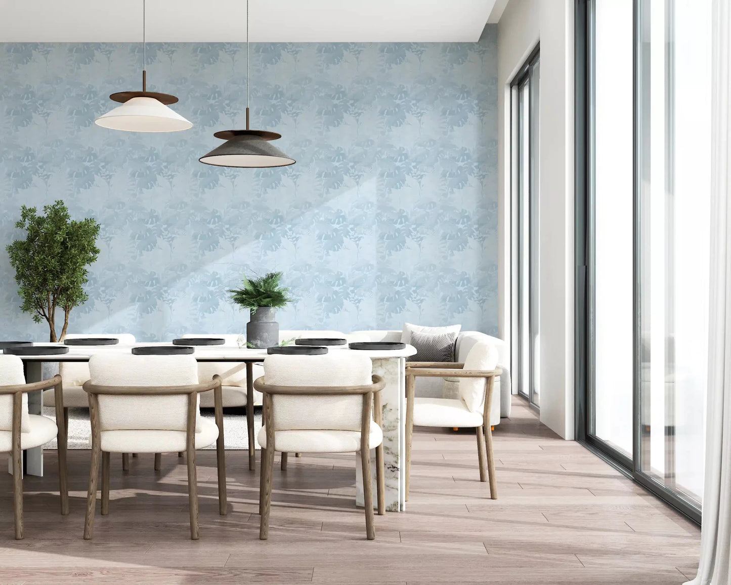 Sunlit dining area with Misty Blue Leaf Layers Monstera Wallpaper, GD8943