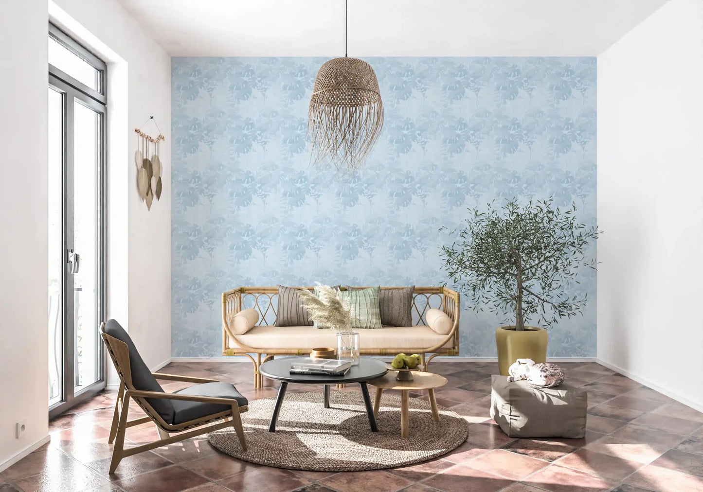 Living room spot with Misty Blue Leaf Layers Monstera Wallpaper, GD8943
