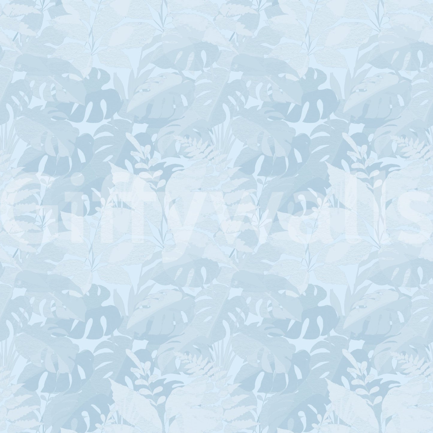 Pale leafy texture in Misty Blue Leaf Layers Monstera Wallpaper with soft shading, GD8943