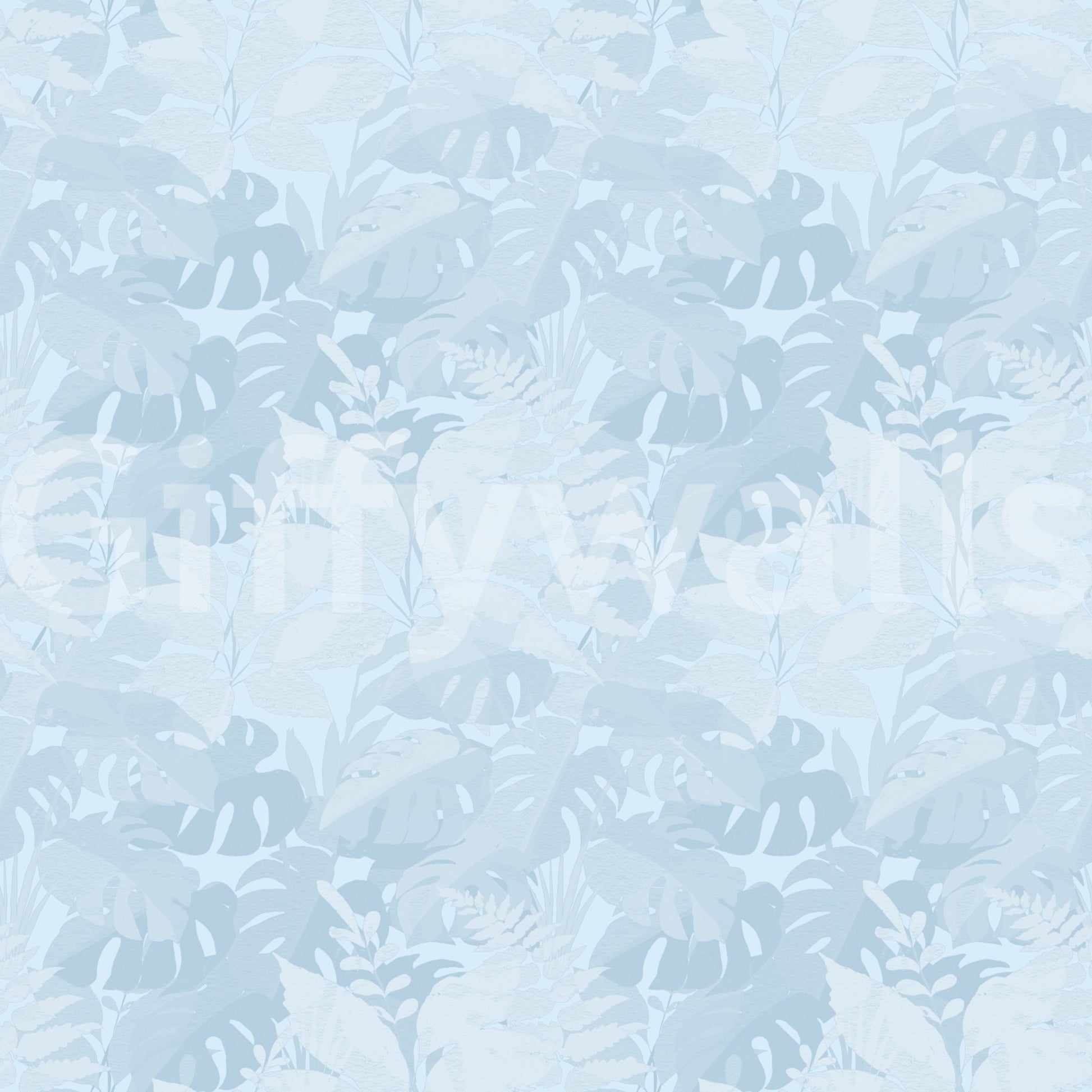Pale leafy texture in Misty Blue Leaf Layers Monstera Wallpaper with soft shading, GD8943