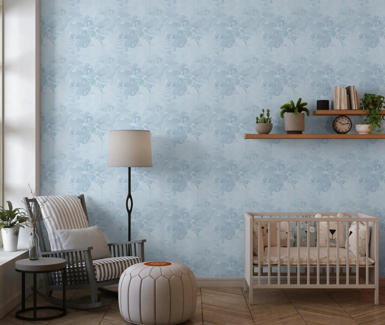 Misty Blue Leaf Layers Monstera Wallpaper in a calm nursery with Nursery 