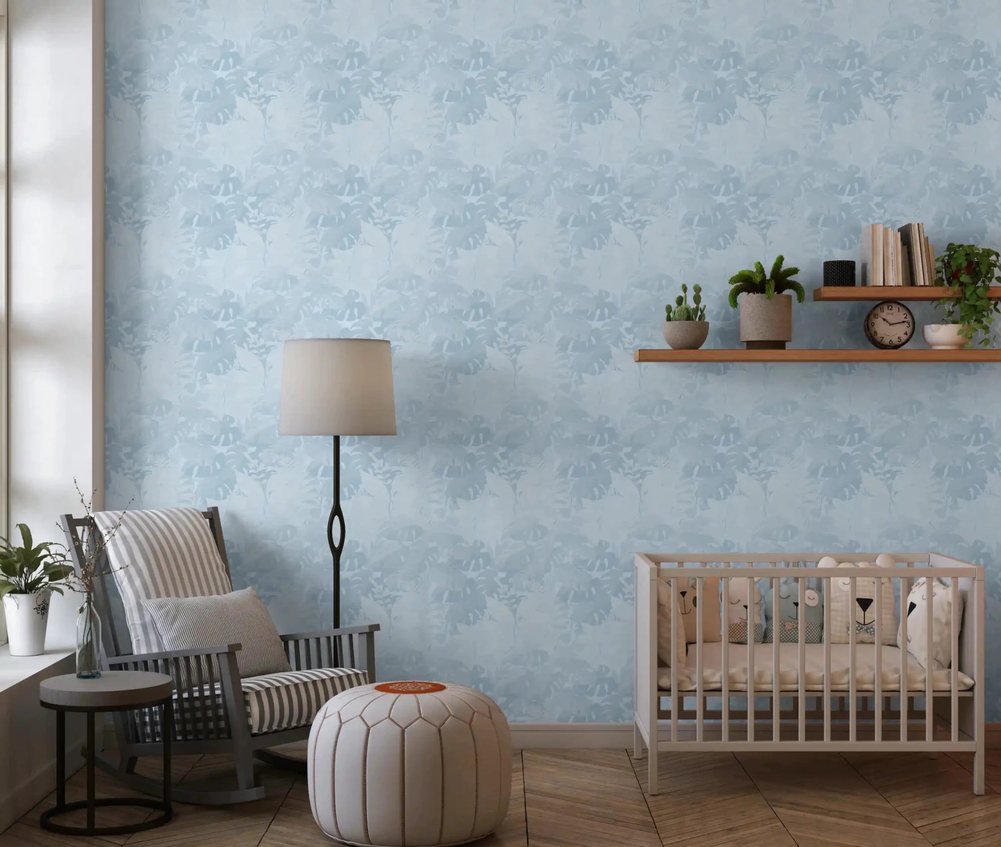Misty Blue Leaf Layers Monstera Wallpaper in a calm nursery with Nursery, GD8943