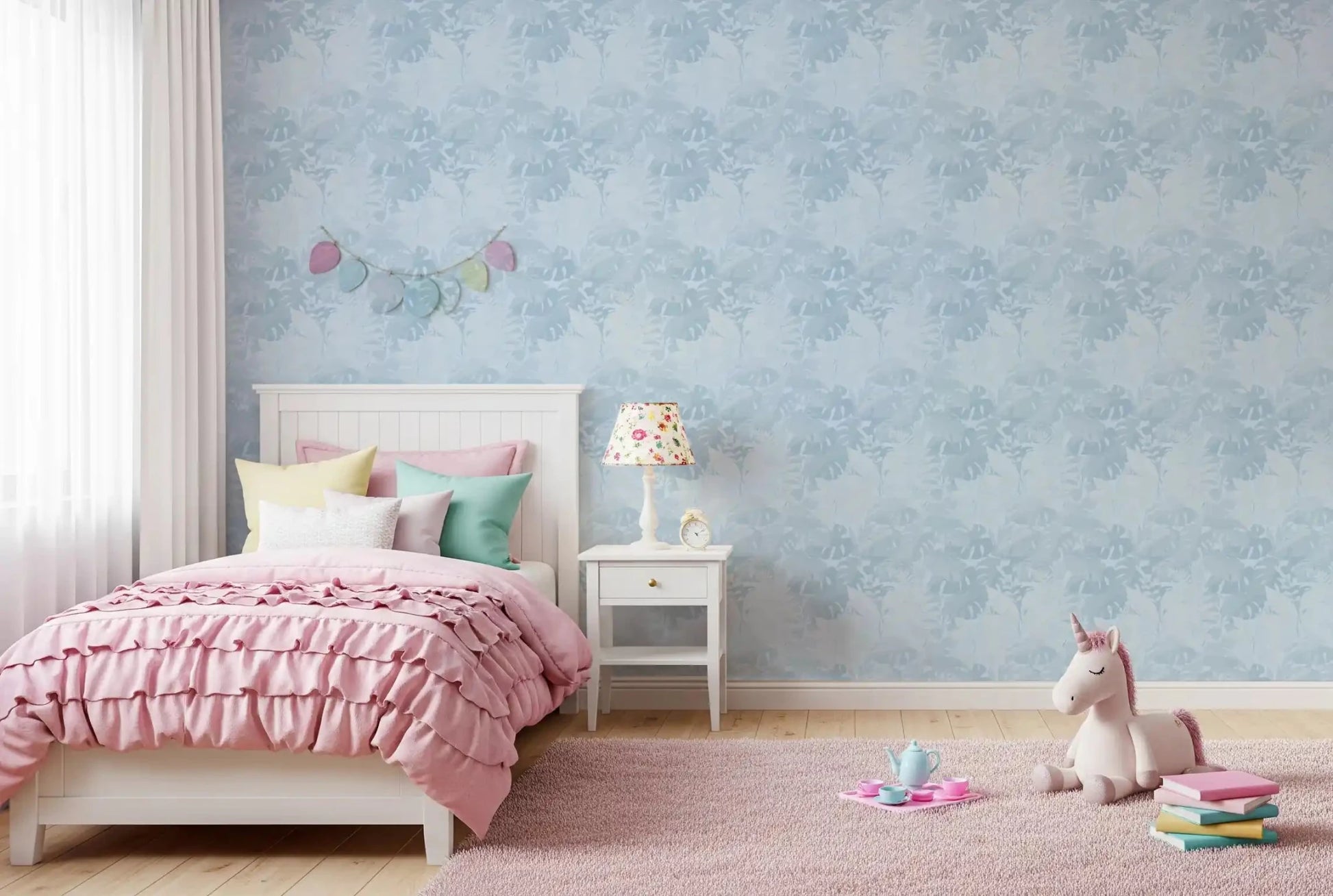 Misty Blue Leaf Layers Monstera Wallpaper in a playful kids room, GD8943