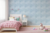 Misty Blue Leaf Layers Monstera Wallpaper in a playful kids room, GD8943