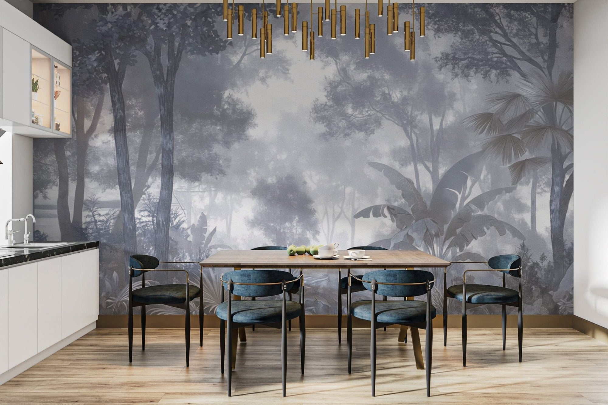 Blue-toned tropical jungle wall mural D126