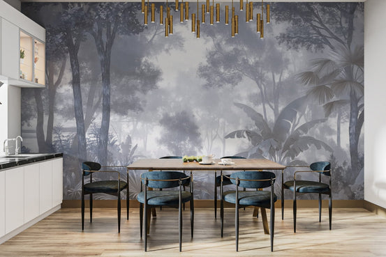 Blue-toned tropical jungle wall mural D126