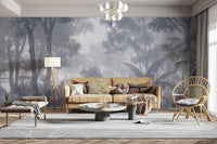 Foggy blue tropical foliage wallpaper
