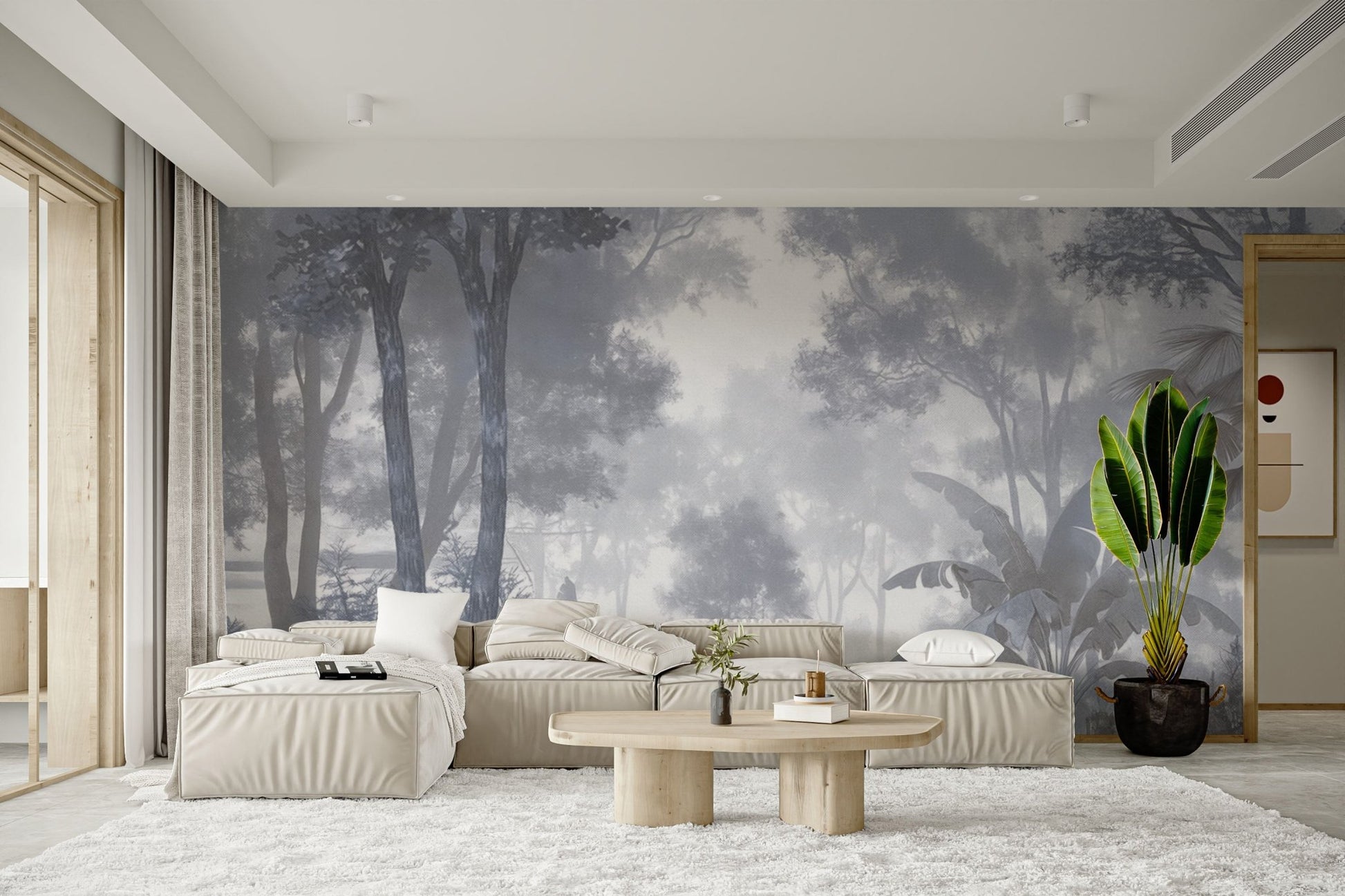 Cool-toned tropical jungle wall mural
