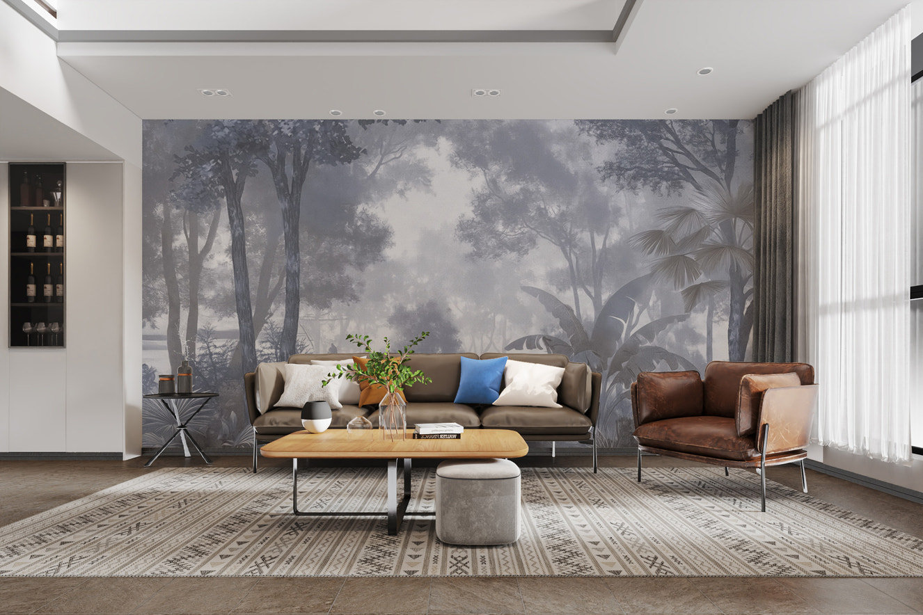 Misty blue tropical forest wallpaper
