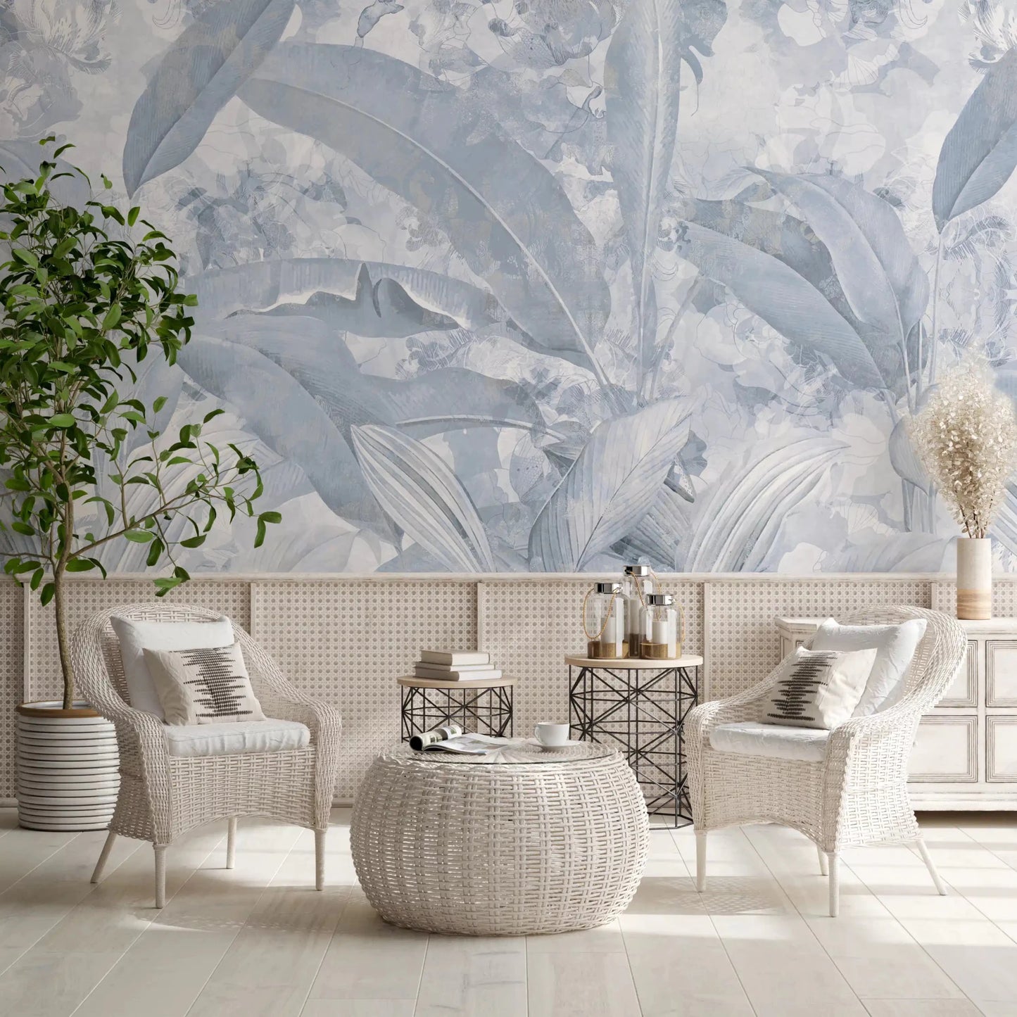 Office space using Misty Blue Tropical Palm mural with calm tropical leaves
