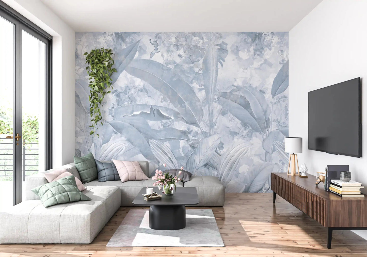 Hallway finished with Misty Blue Tropical Palm wall mural and pale palm detail