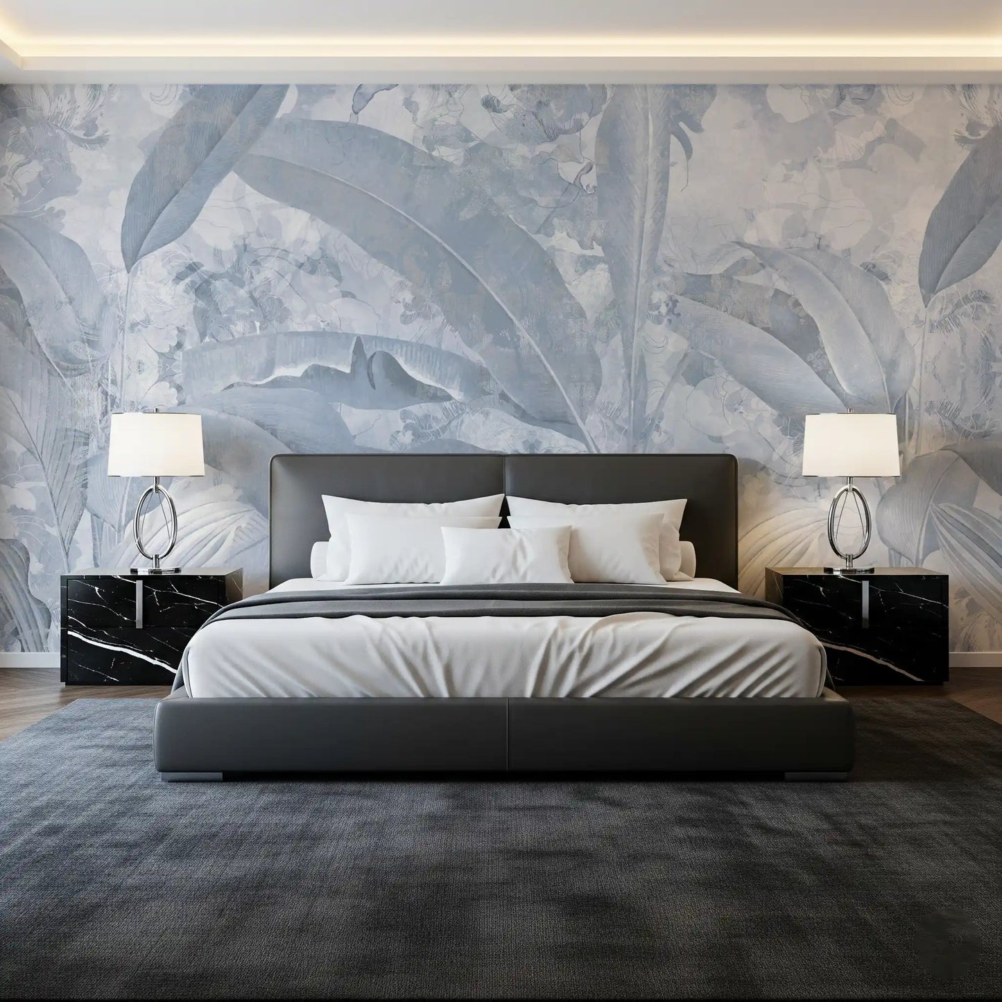 Bedroom wall featuring Misty Blue Tropical Palm mural in faded blue foliage