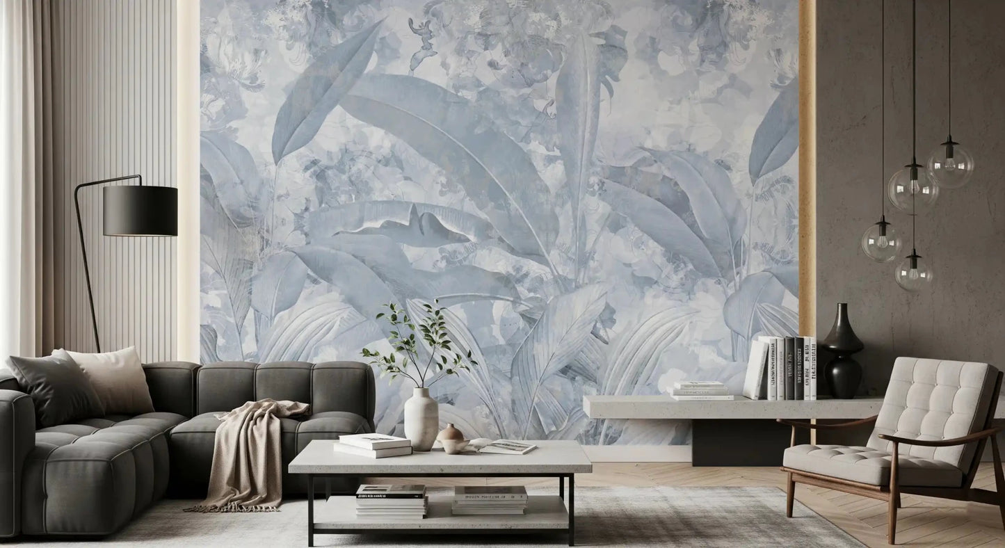 Cool blue botanical tones define this Misty Blue Tropical Palm wall mural