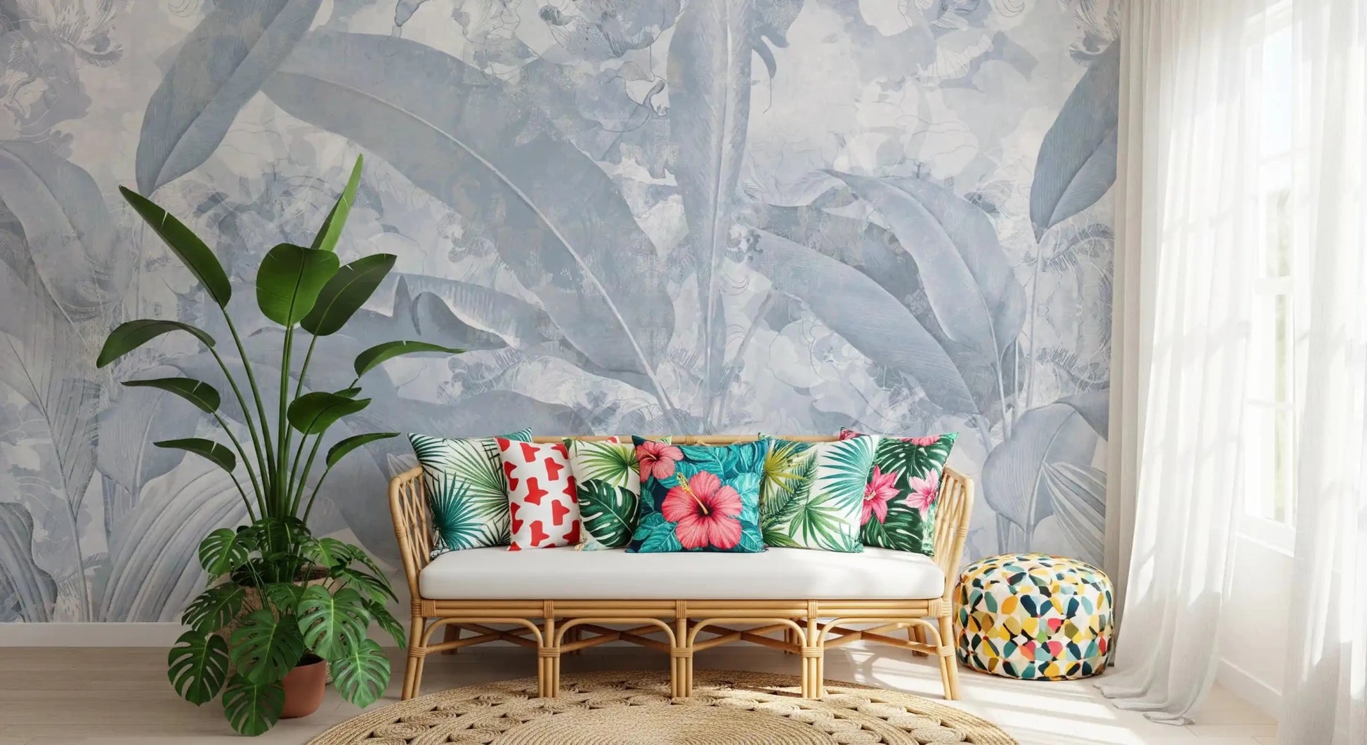 Washed blue palm leaves create a soft Misty Blue Tropical Palm wall mural