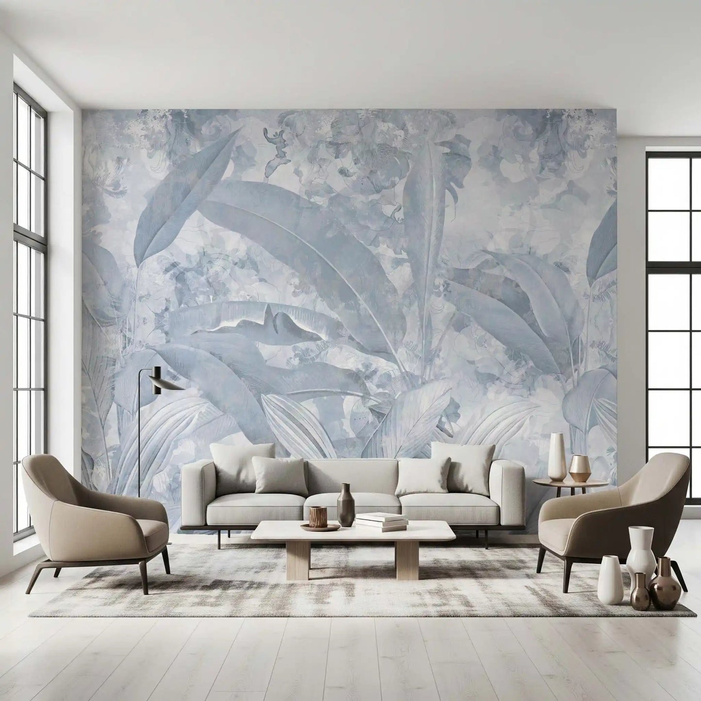 Tropical leaf textures shape the Misty Blue Tropical Palm wall mural surface