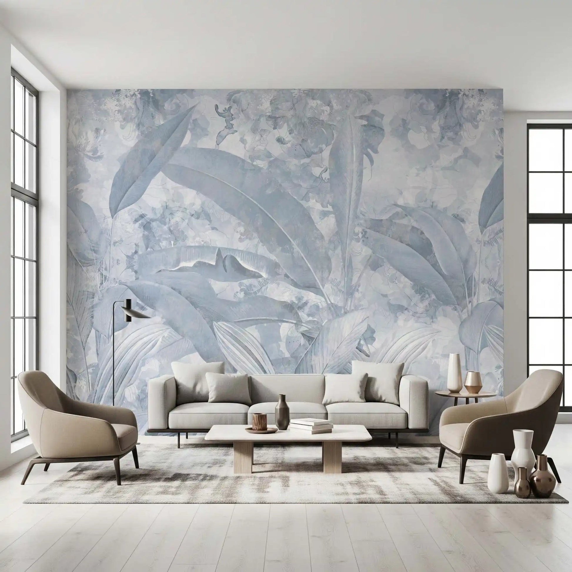 Tropical leaf textures shape the Misty Blue Tropical Palm wall mural surface