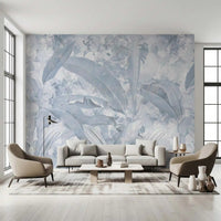 Tropical leaf textures shape the Misty Blue Tropical Palm wall mural surface