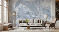 Living room styled with Misty Blue Tropical Palm wall mural and soft leaf layering