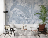 Office space using Misty Blue Tropical Palm mural with calm tropical leaves