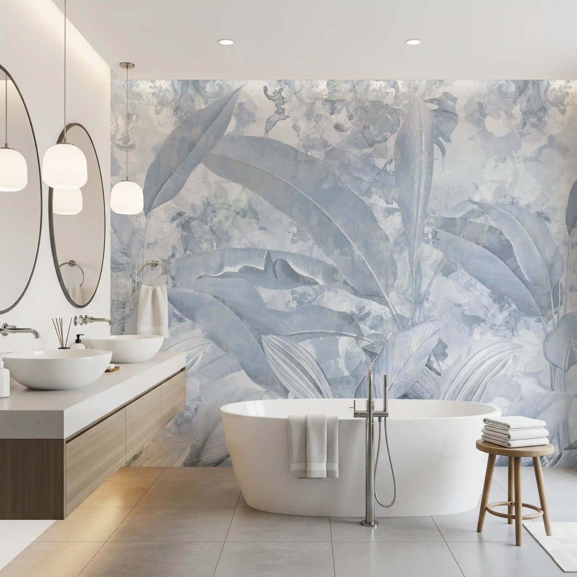 Gentle botanical depth appears in the Misty Blue Tropical Palm wall mural