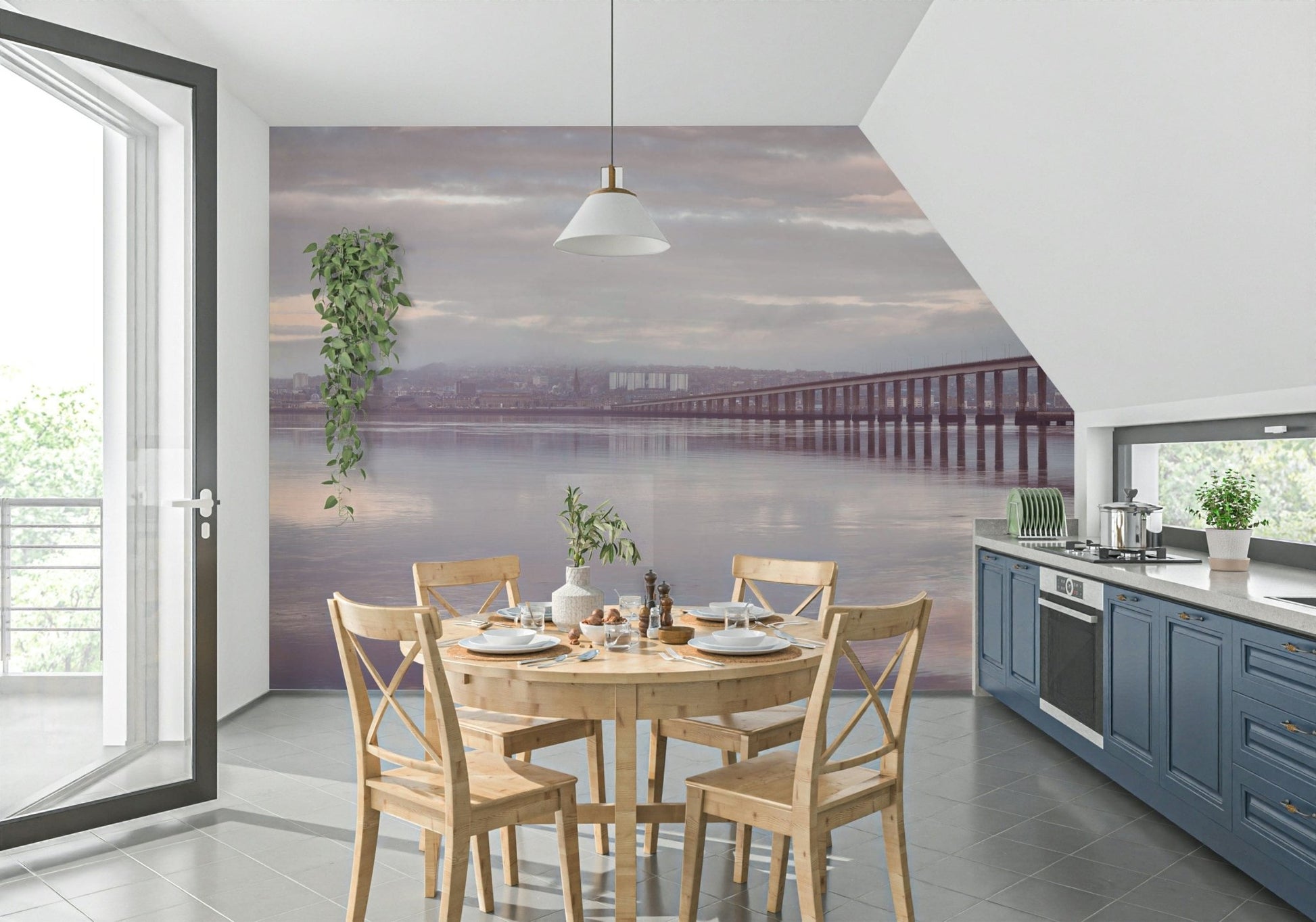 Misty Bridge Wall Mural defining a spacious interior