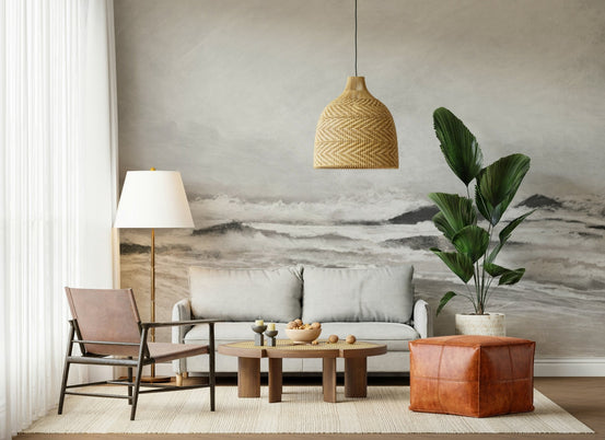 A beautiful misty coast wallpaper mural with subtle, hazy effects., GD5578