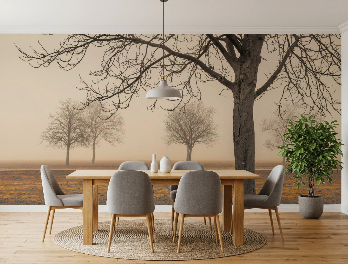 Atmospheric morning mist and tree silhouettes wall mural