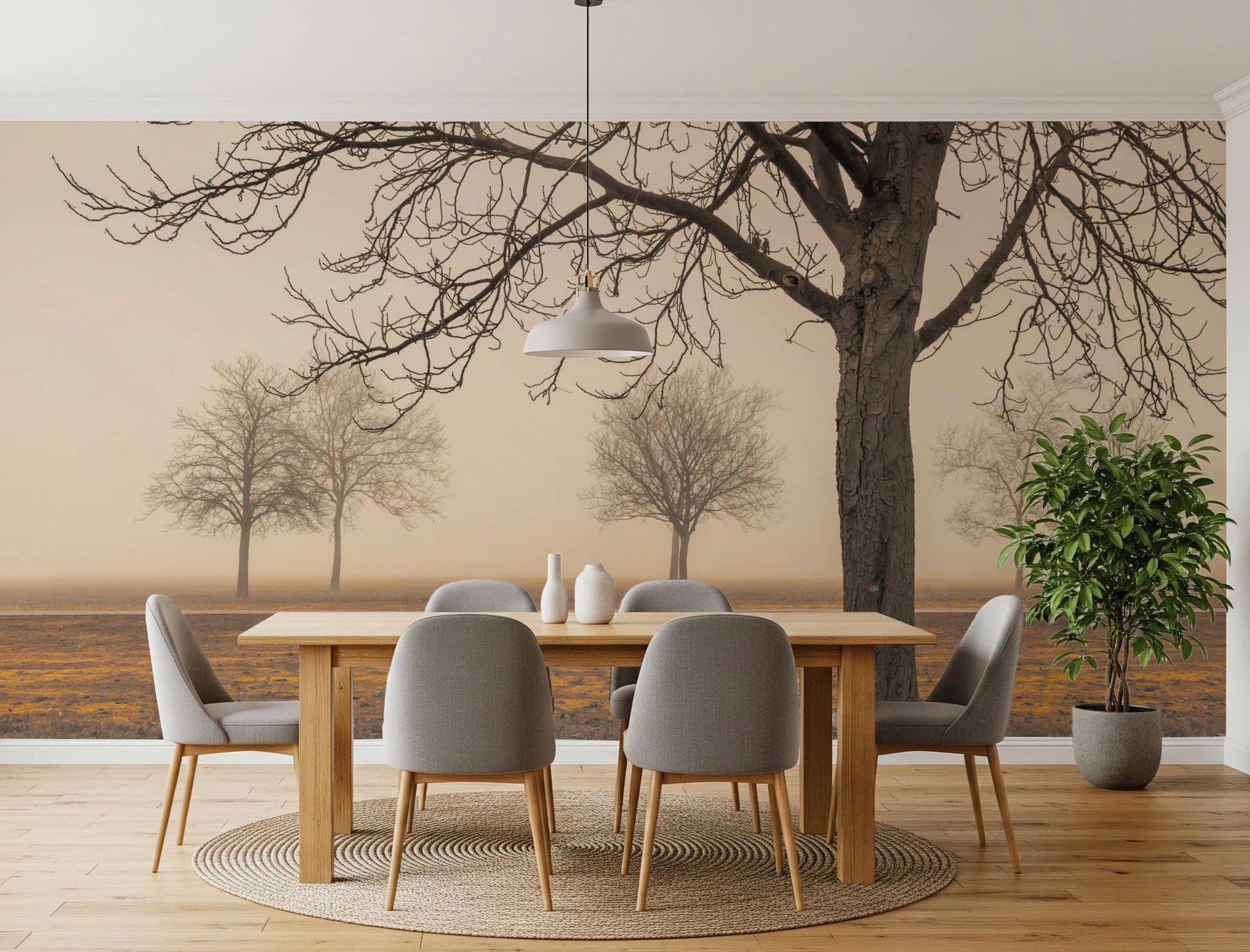 Atmospheric morning mist and tree silhouettes wall mural