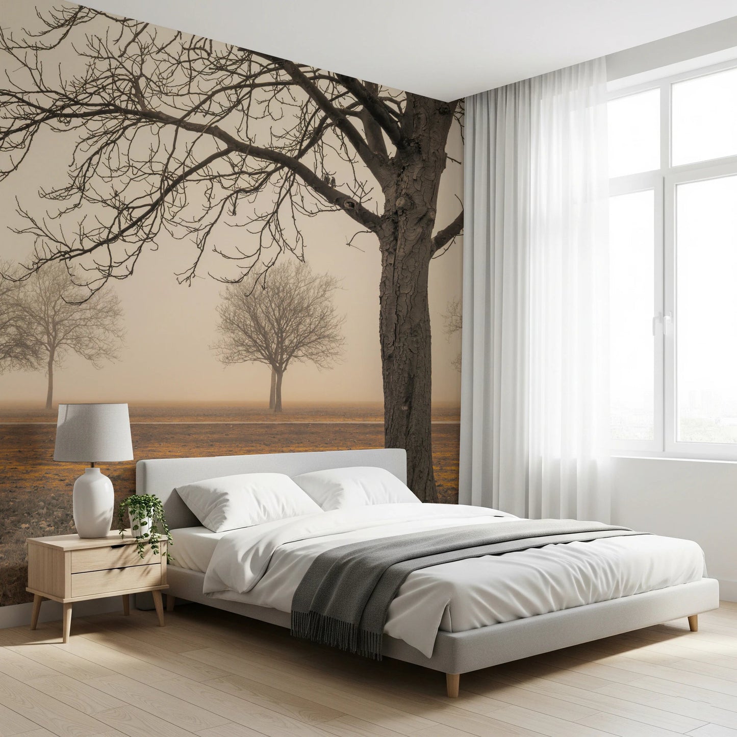 Neutral toned landscape scenery wallpaper for interior walls