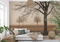 Silent foggy meadow with deciduous trees wall mural