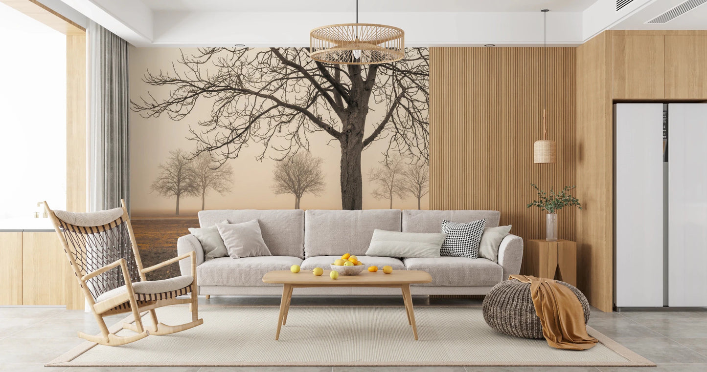 Artistic fog covered landscape wallpaper for home interiors