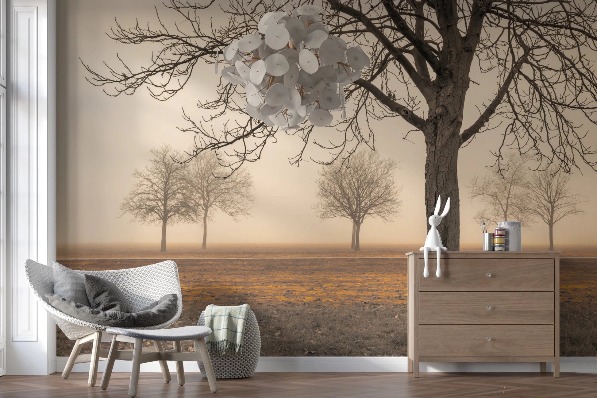 Misty Countryside Wall Mural featuring a serene foggy field