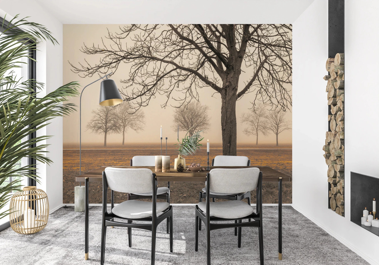 Bare winter trees in fog wall mural