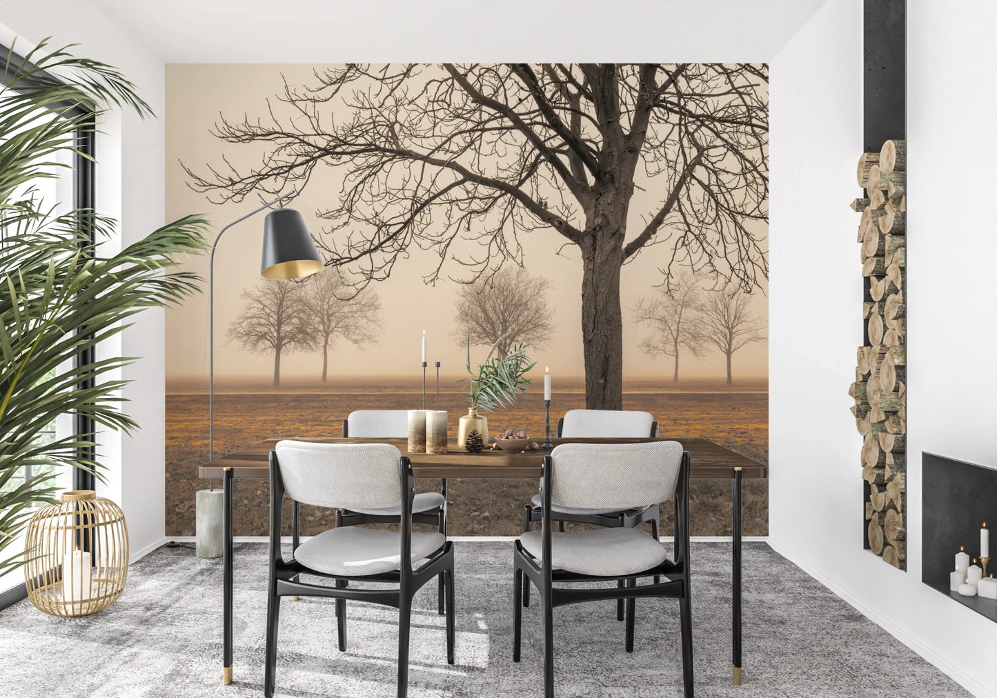 Bare winter trees in fog wall mural