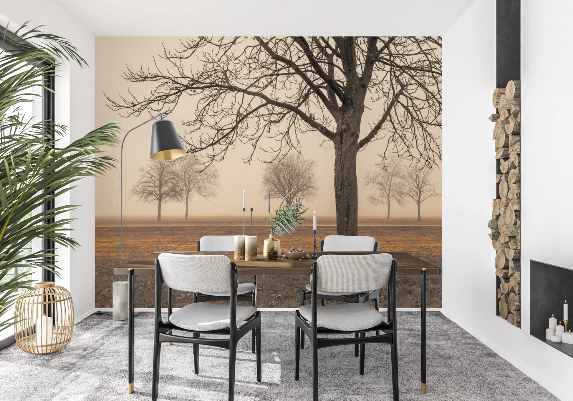 Bare winter trees in fog wall mural