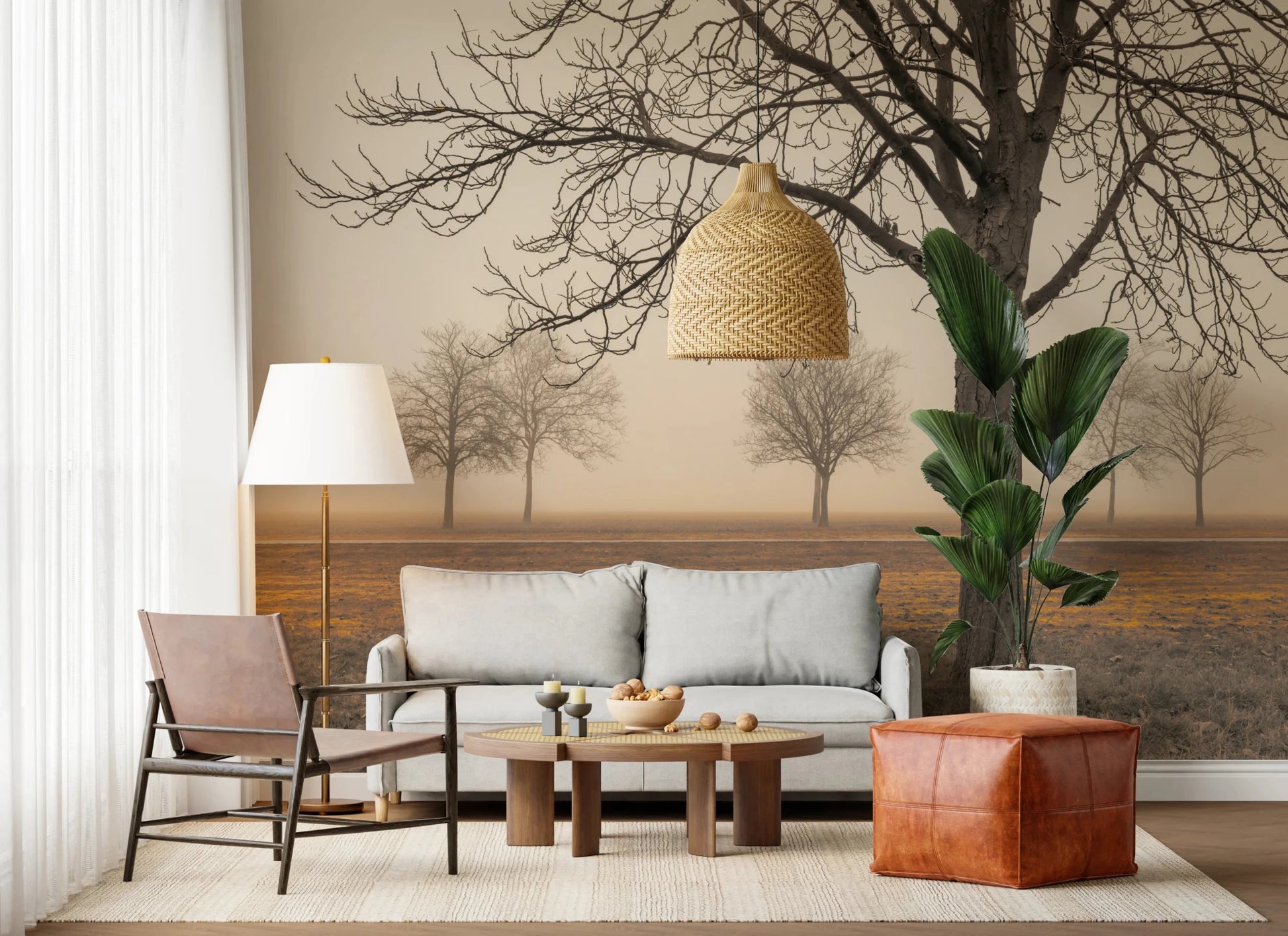 Minimalist countryside scenery wall mural with leafless trees