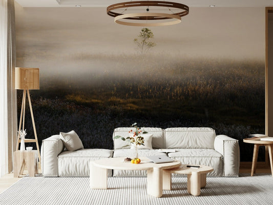 Misty Dawn Meadow wallpaper for walls soft morning light
