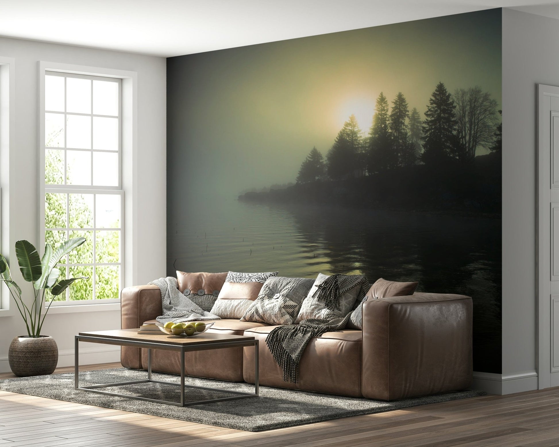Misty Dawn Wall Mural used as a focal point in a high-ceiling hall wallpaper.