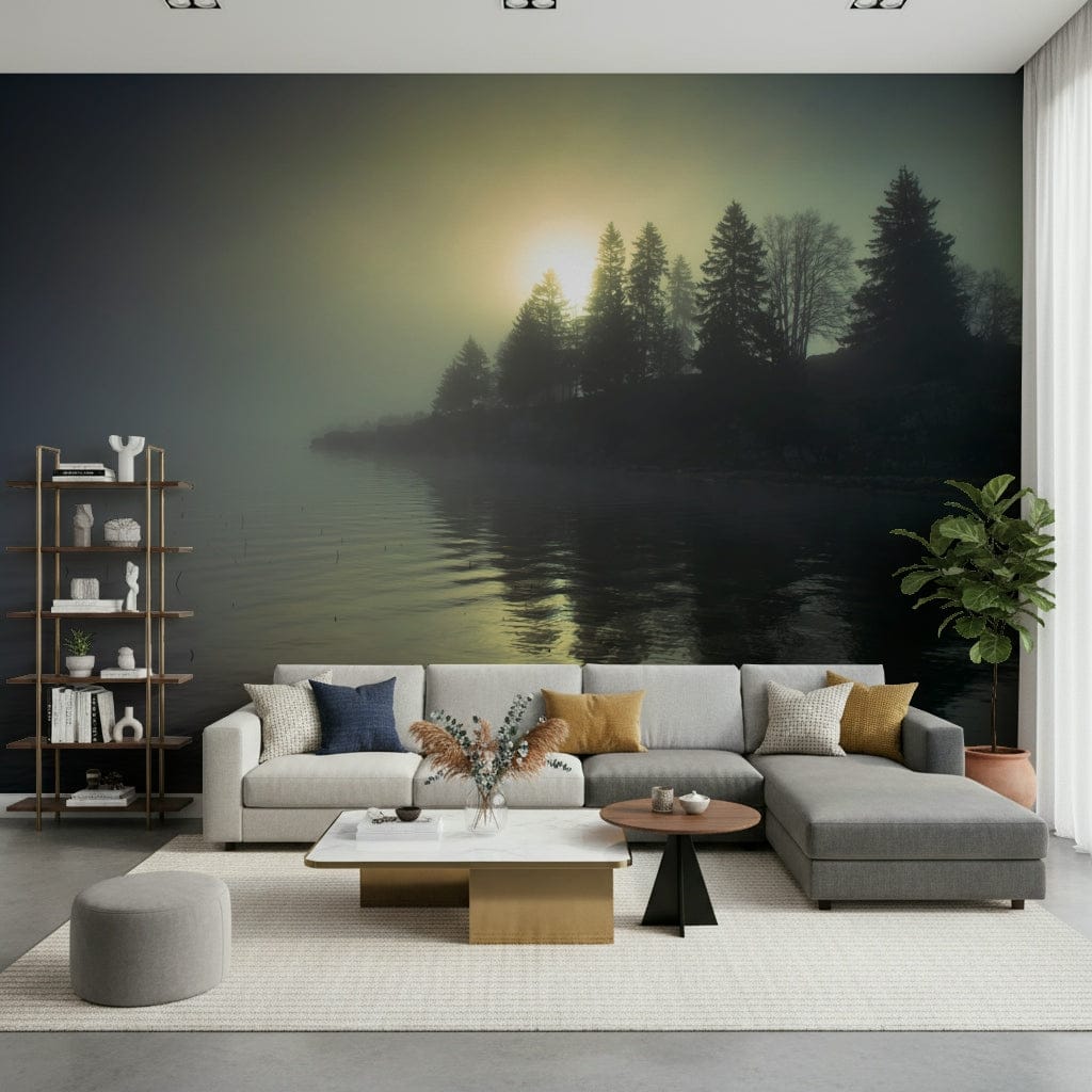 Neutral toned foggy morning wall mural for a guest room wallpaper.