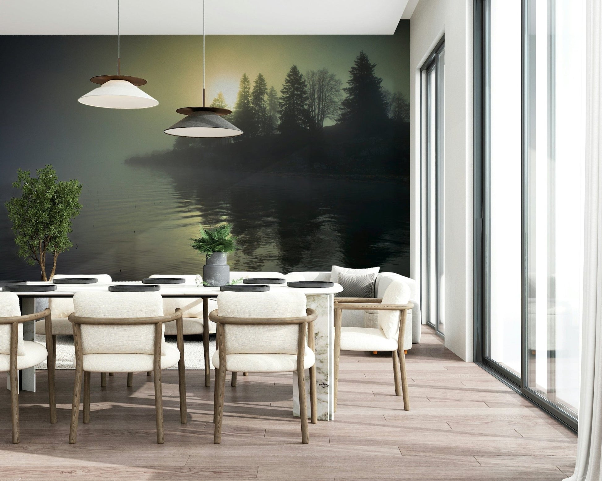 Misty Dawn Wall Mural behind a velvet sofa in a luxury lounge wallpaper.