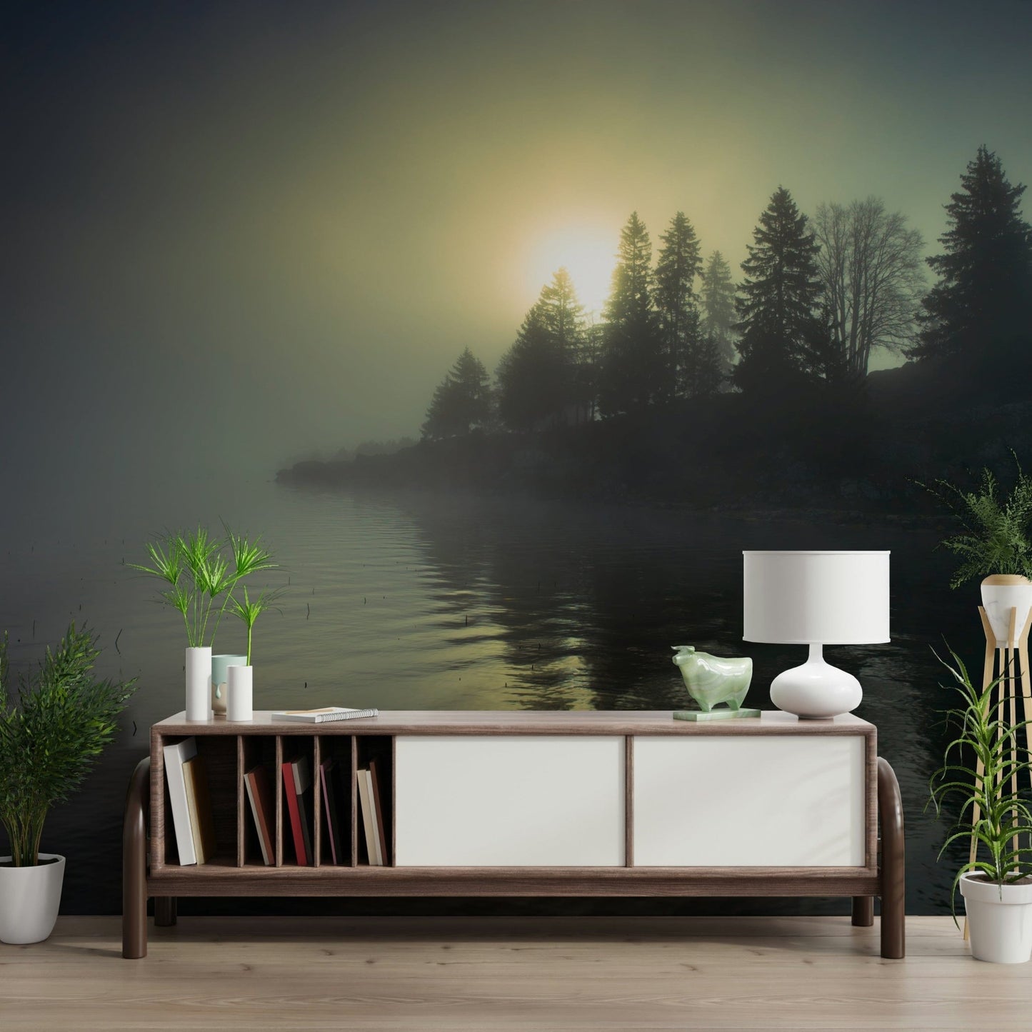 Subtle hazy landscape wallpaper for a spa-like bathroom wall mural.