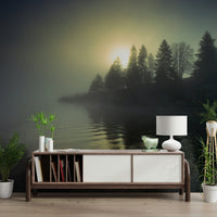 Subtle hazy landscape wallpaper for a spa-like bathroom wall mural.