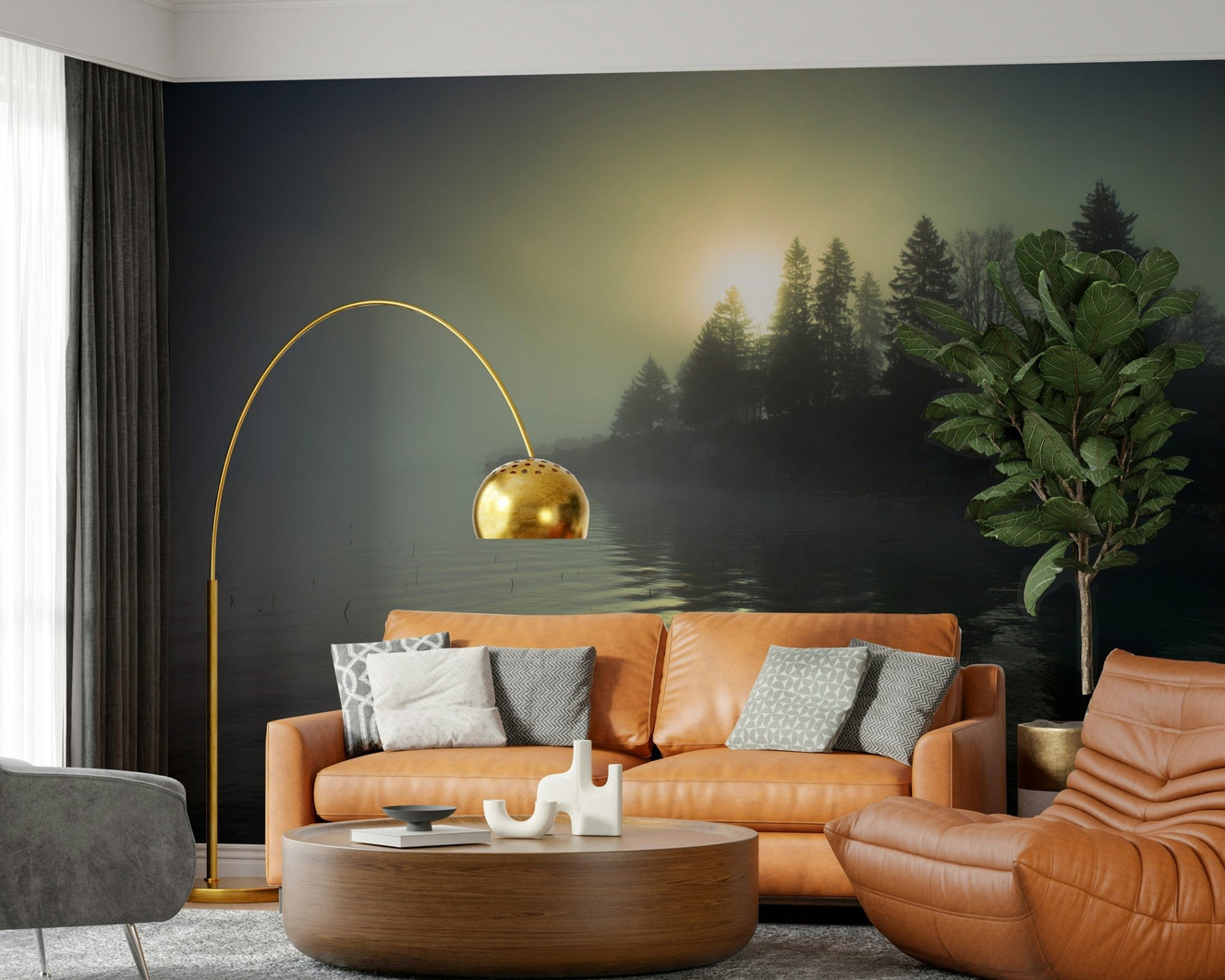 Misty Dawn Wall Mural in a professional home office with sleek desk wallpaper.