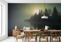 Atmospheric nature wallpaper with mountain silhouettes for a study wall mural.