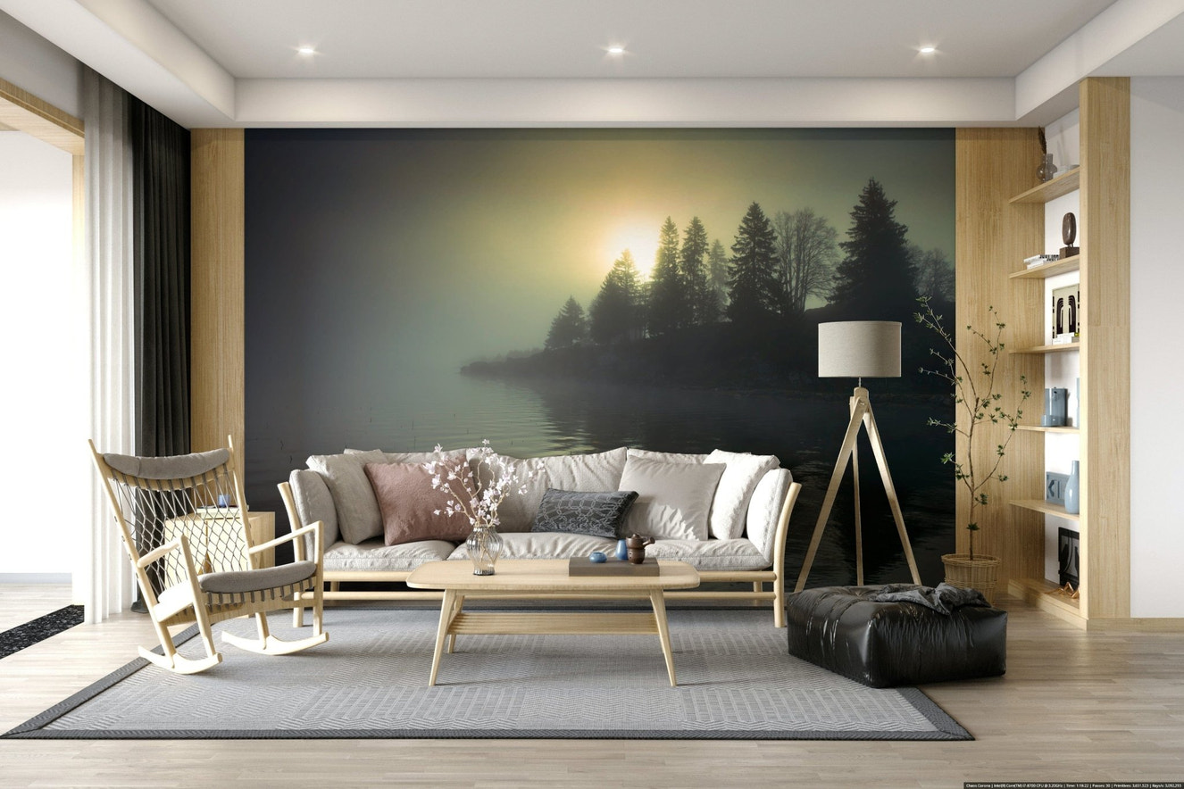 Misty Dawn Wall Mural in a minimalist bedroom with grey bedding wallpaper.