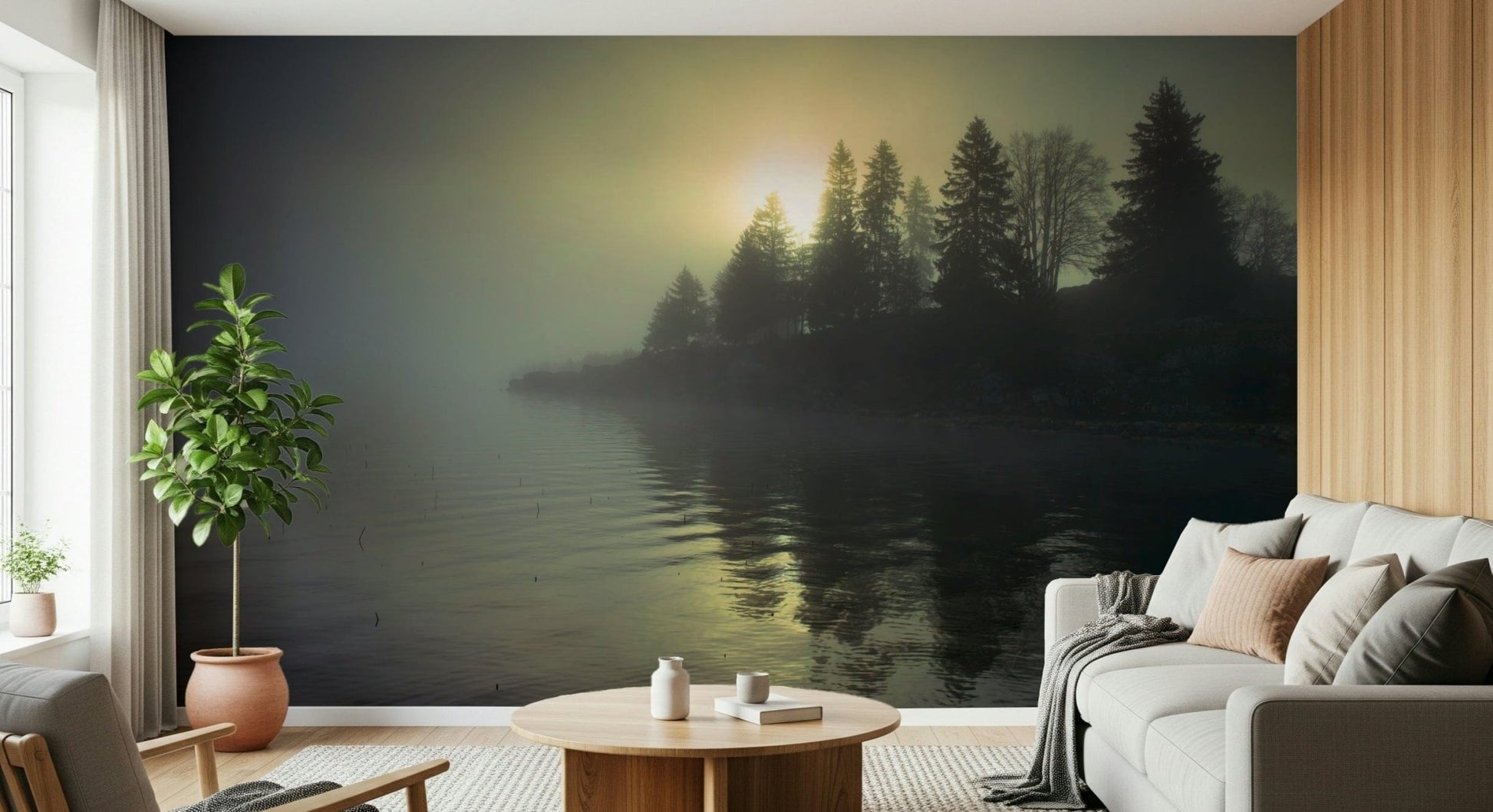 Grey and blue misty forest wallpaper in a bright dining space wall mural.