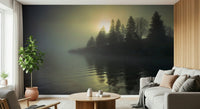 Grey and blue misty forest wallpaper in a bright dining space wall mural.